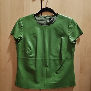 W by Worth Fitted Green Short Sleeve Leather Top